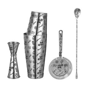 Stainless Steel 5 Piece Cocktail Set with Tattoo Patterns (Color: Skull Rose)