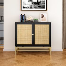 Natural Rattan 2-Door Accent Storage Cabinet with Adjustable Shelf and Painted Iron Feet (Color: Black)